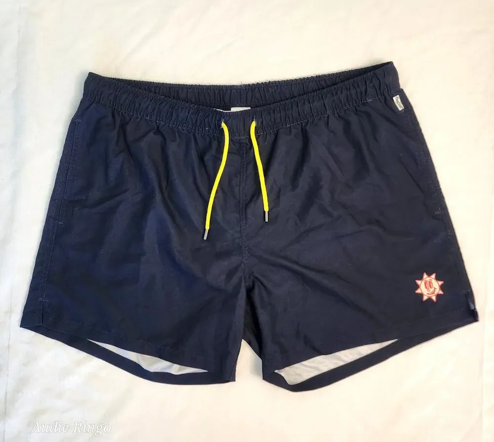 Happy Socks Men's Swim Trunks XXL Navy Blue Lined Board Shorts Sun Logo